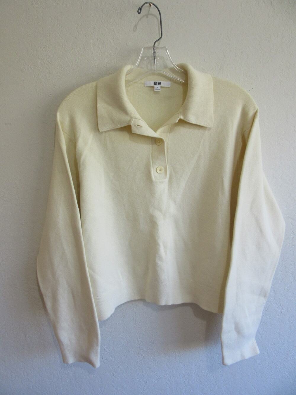 UNIQLO Cream Collared Long Sleeve Smooth Cotton M Pullover Sweater-CA